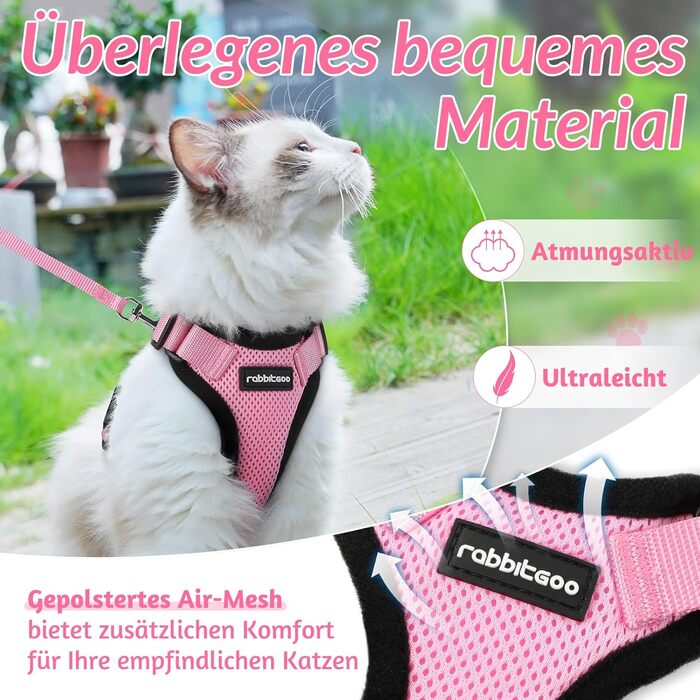 Шлейка для кота Rabbitgoo з повідком, м'яка шлейка для кота, шлейка-жилет для кота, безпечна та регульована, рожева, XS (1 шт.)