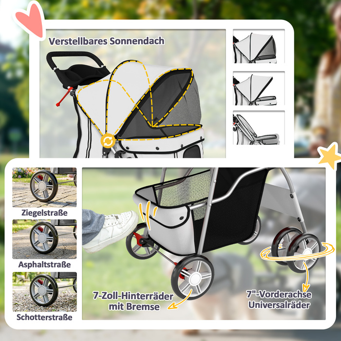 Складаний візок для собак (buggy) зі світловідбиваючими смугами, кошиком для речей та подушкою, для малих порід до 10 кг, 77x44x102 см, сірий