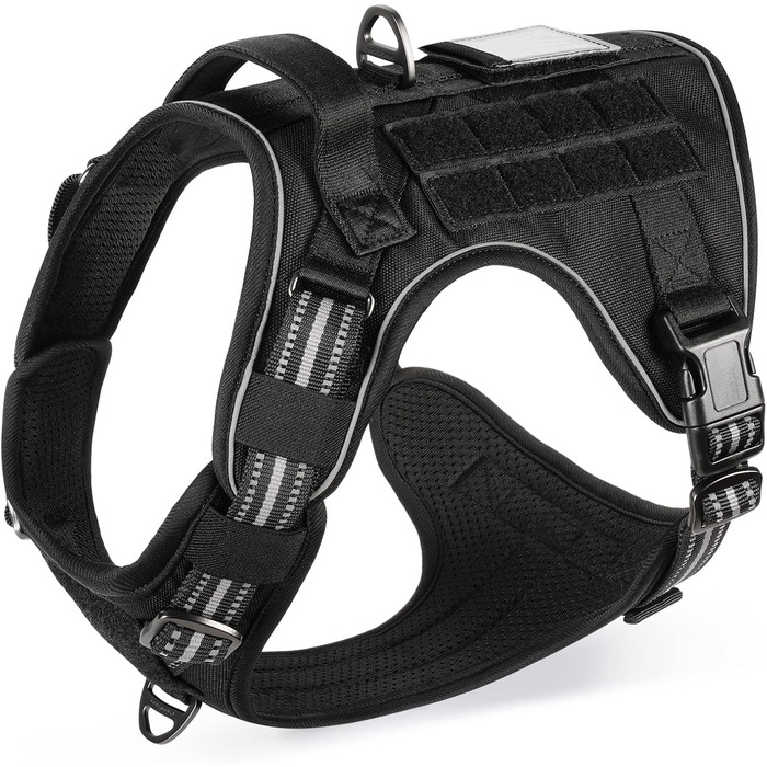 Нагрудник для собак Rabbitgoo, великий, анти-тяга, регульований, з ручками, міцний, тактичний, з металевими пряжками, чорний (L)