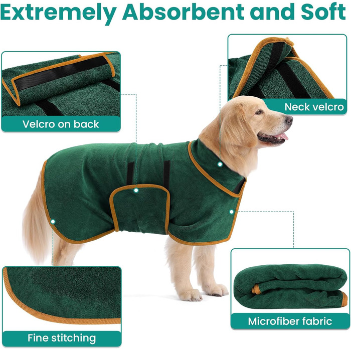 Рушник для собак PETTOM з мікрофібри, швидковисихаючий, бавовняний, супер-поглинаючий, для великих, середніх та маленьких собак (M, Зелений) M Темно-зелений