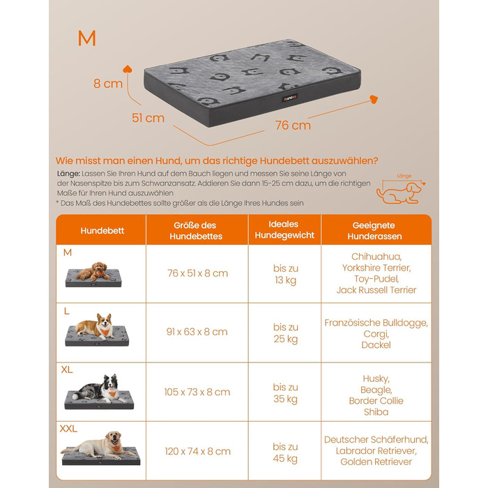 Ліжко для собак Feandrea, м'яке, знімний матрац, водовідштовхувальне, 76 x 51 x 8 см, розмір M, для маленьких та мініатюрних собак, сірий (PGW241G01 M)