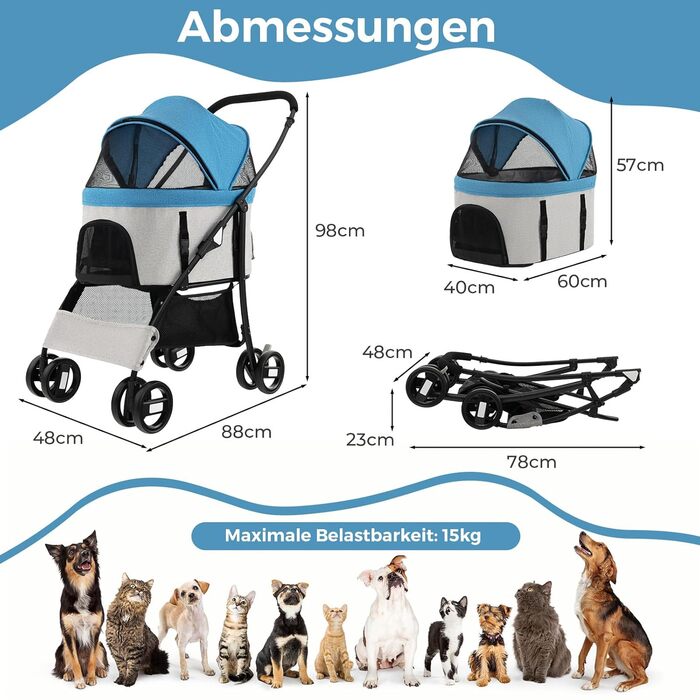 Візок для собак GYMAX 3 в 1, складний, знімний переносний ящик та регульоване покриття, до 15 кг, переноска для собак з сітчастими віконцями, візок для маленьких/середніх собак та котів (Блакитний)