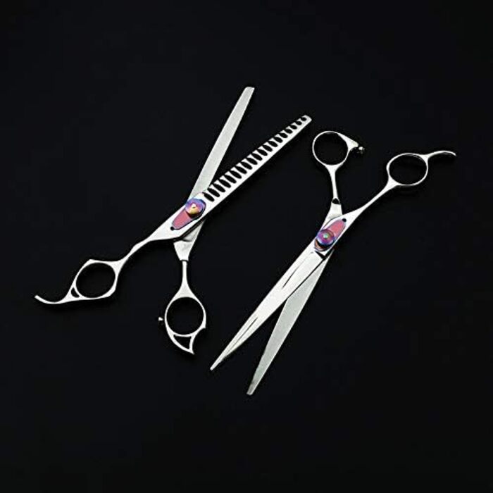 Набір професійних ножиць для грумінгу собак: філірувальна та пряма, титанове покриття, 18 см, ліва рука