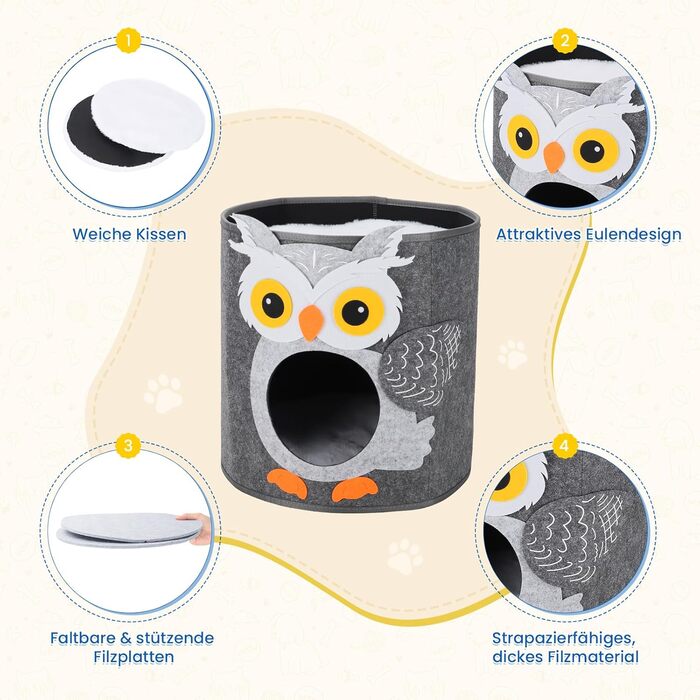Кігтеточка-будиночок для котів Dripex з 2 поверхів, з фетру, з подушкою, 30 x 35 x 35 см (Сова)
