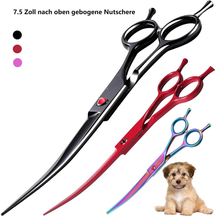 Професійна вигнута ножиця для собак 7,5' - ножиці для грумінгу собак, вигнуті ножиці для шерсті, ергономічна ручка (чорний)