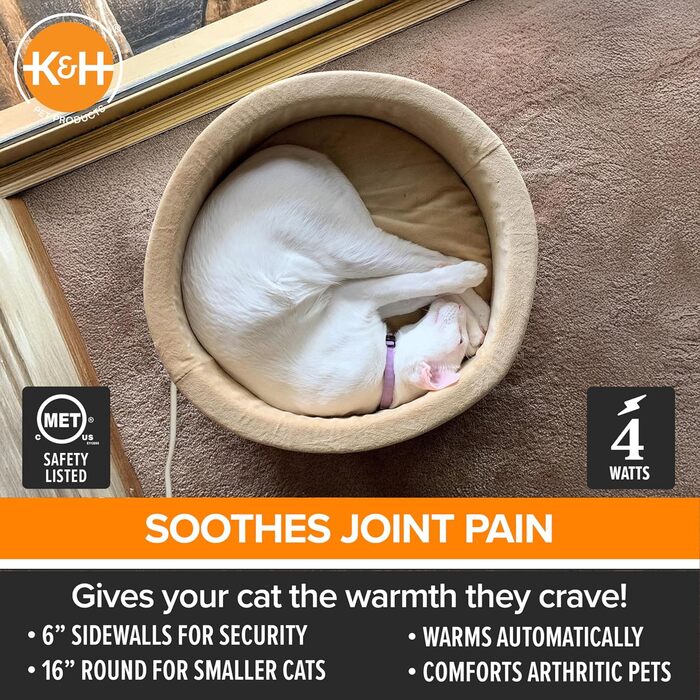 K&H Thermo-Kitty — підігрівальне ліжко для котів, маленьке, 40,6 см, мокко/світло-коричневе, електричне, затишне спальне місце для домашніх тварин