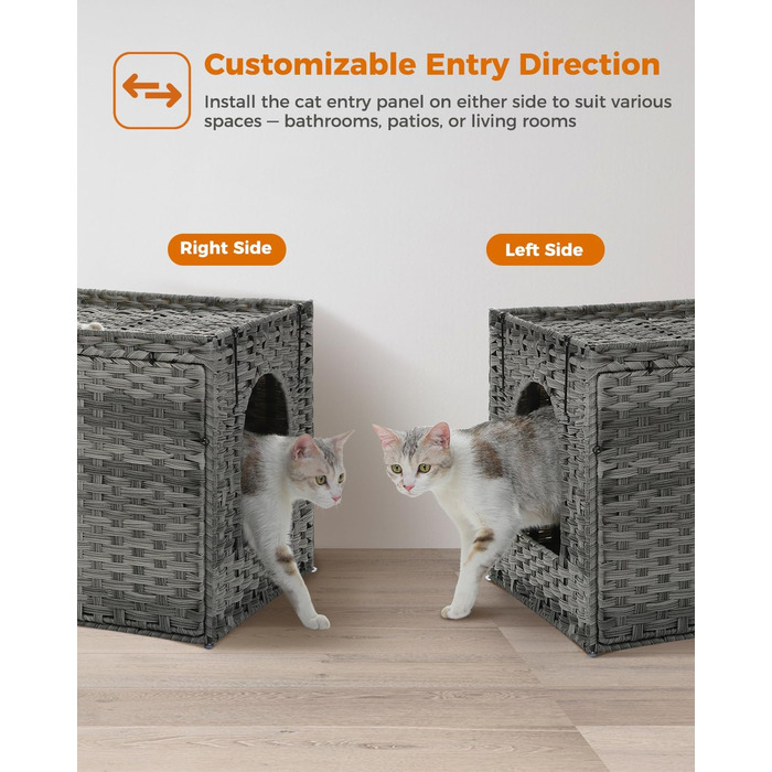 MUTTROS туалет для котів з ротанга, прихований туалет для котів, меблі з ручної плетіння, з високою дверцятами та піднятим бортиком, котячий будиночок-шафка для великих котів, для дому, вітальні, сірий