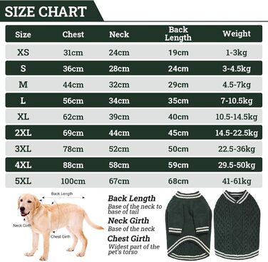 Теплий в'язаний пуловер для собак великих порід (зелений, розмір L) - Французький бульдог, Лабрадор, Німецька вівчарка