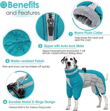 Зимовий комбінезон для собак AOFITEE - водонепроникний теплий одяг для великих собак з отвором для шлейки, теплий зимовий костюм для собак, підходить для Французького Бульдога (3XL, блакитний)