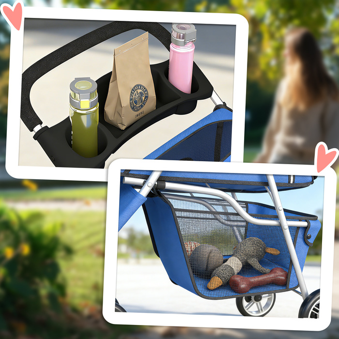 Дитячий візок для собак (buggy), складаний, до 10 кг, з кошиком, подушкою та сітчастими вікнами, для малих порід, 77x44x102 см, синій