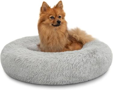 Кругле ліжко для собак та котів Lionto, Ø 60 см, сірий колір, м'який плюш, товста підкладка, 60x60x20 см