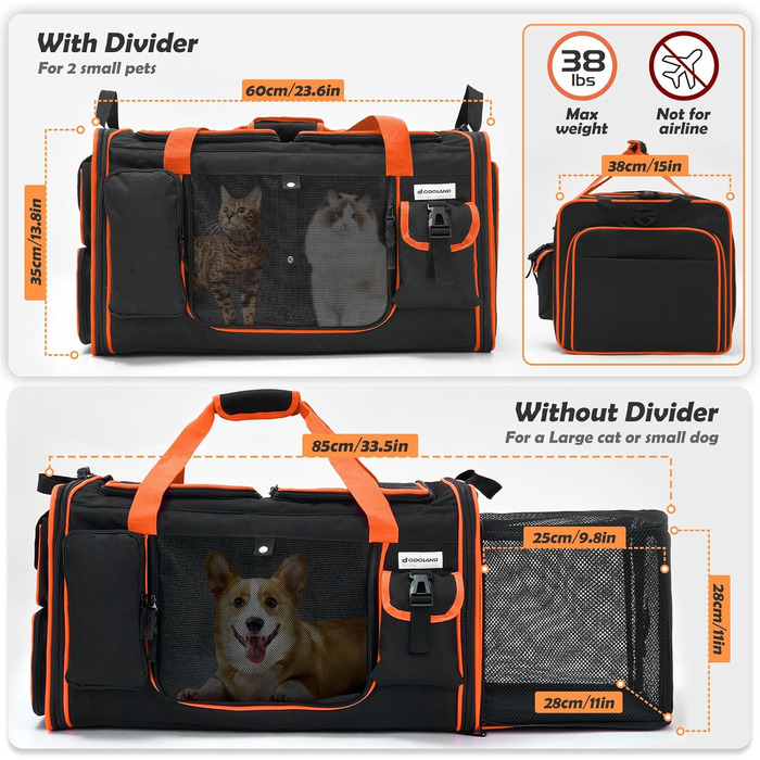 Транспортна переноска для котів Odoland, 60x38x35 см, розширювана, з туалетом для котів, з плечовим ременем, ідеальна для подорожей