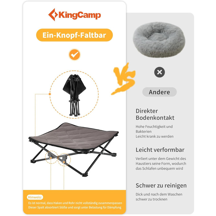 Ліжко для собак KingCamp підняте, вуличне, чорне 57x57x23 см - дихаюча сітка, антиковзні ніжки