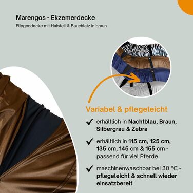 Marengos - екземна попона з шийною частиною та підчеревником, антимоскітна кінська попона з дрібної сітки, захист від комах, подвійна застібка спереду, складка для руху, для коня, коричнева, 145 см