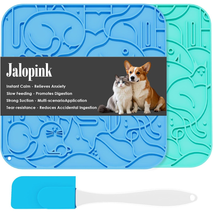 Силіконові килимки від протікання для котів та собак (2 шт.), повільне годування, 60 присосок, проти нудьги та тривоги (Блакитний+Зелений-US, L)