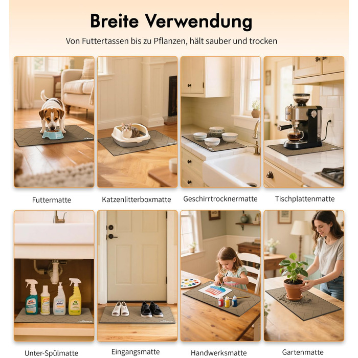 Підкладка під миску для собак та котів, нековзна, швидковисихаюча, миюча, з абсорбентом (43 x 71 см, коричнева)