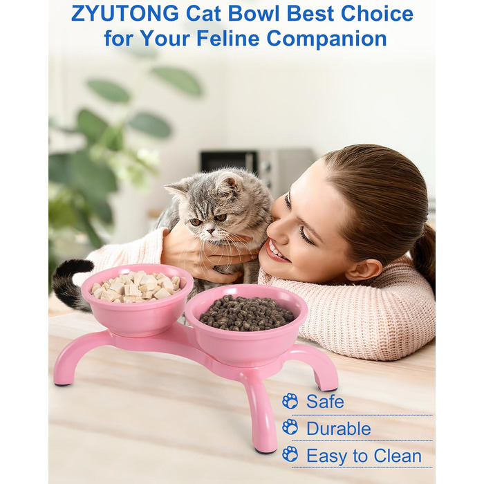 Набір мисок для котів 2 шт. з підняттям - міцні, з широкою основою, нековзні, сумісні з посудомийною машиною, зручні для вусів (Рожевий, Double)