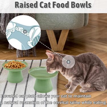 Керамічні миски для котів, 2 шт., 15.5 см, зелені - підняті, широкі, для води та корму