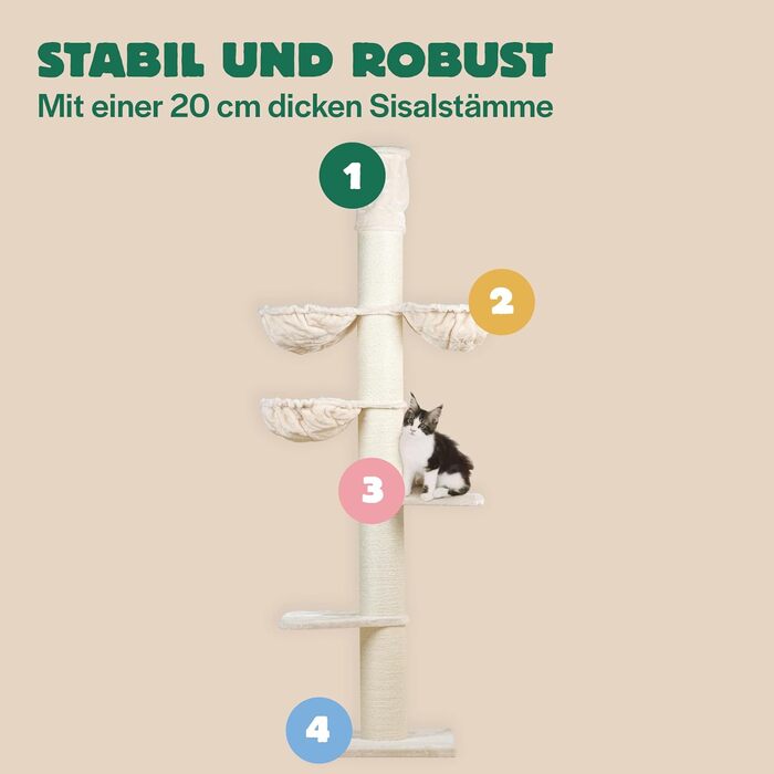 Котячий дряпак RHRQuality Maine Coon Tower Plus для великих котів, висота до 295 см, стовпи з сизалю 20 см, кремовий