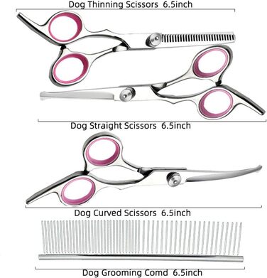 Набір професійних ножиць для собак, 4 в 1: ножиці з круглим носиком, ножиці для фінішування, прямі та вигнуті ножиці, гребінець для грумінгу, з нержавіючої сталі, для собак та котів (рожеві)