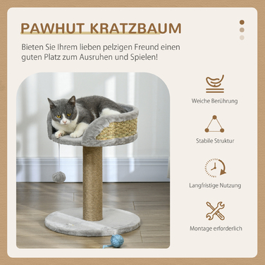 Кігтеточка PawHut маленька, котяче дерево 49 см, кігтеточка для кішки з іграшковим м'ячем, лежача поверхня, лазіння по дереву для кішок до 4 кг, меблі для кішок, джут сірий | Аосом