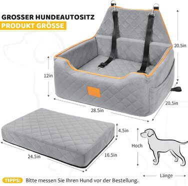 Зручний собачий сидіння для великих та середніх собак, до 25 кг, знімний та пральний, з товстими подушками та кишенями для зберігання (сірий)