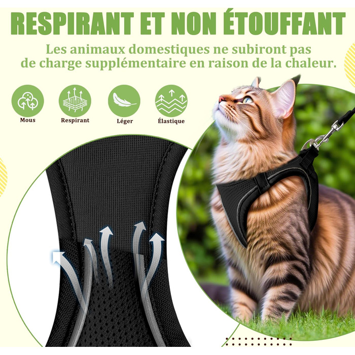 Нашийник для котів Qianruida з повідком, регульований, зручний, дихаючий, світловідбиваючий (Чорний XS)