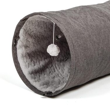 Ігровий тунель для котів CanadianCat XXL, плюшевий, сірий, 35×150 см, з інтегрованою іграшкою