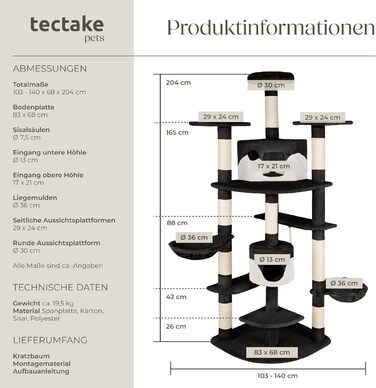 Котячий комплекс tectake XXL, великий кішковий дряпак з іграшками, гамаком, 2 будиночками, стовпчиками з сизалю, до стелі, чорний/білий