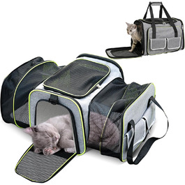 PETCUTE Транспортна сумка для кота, розкладна, з м'яким флісовим ліжком, 2 сторони відкривання, дихаюча сумка-переноска для кота з бічними кишенями, схвалена авіакомпаніями, світло-сіра, M