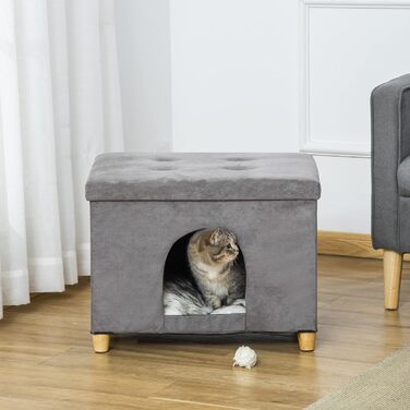 Котяча хатинка-лежак PawHut 2-в-1 з подушкою, дерев'яні ніжки, м'який плед, пуф, знімний чохол, сірий, 60x45x44,5 см