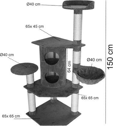 Драбина-кіготь для котів Bontoy Betty Pro сірого кольору, 65x65x176 см, з 12 см сизалевих стовпів, великий будиночок для котів, підходить для великих котів, стабільна