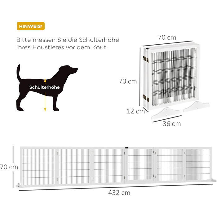Захисний бар'єр для собак PawHut - регульований, 432 x 70 см, 6 панелей, білий