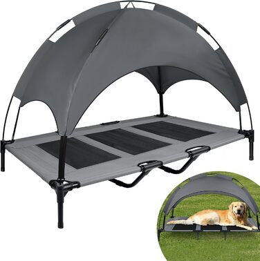 Підвищене собаче ліжко з дахом, сонцезахист, ліжко для домашніх тварин з балдахіном, лежанка для собак на вулицю, собаче диван, антиковзні підкладки, водонепроникний дах та дихаюча сітка, розмір L 92x76x92 см (XL - 122x92x102 см)