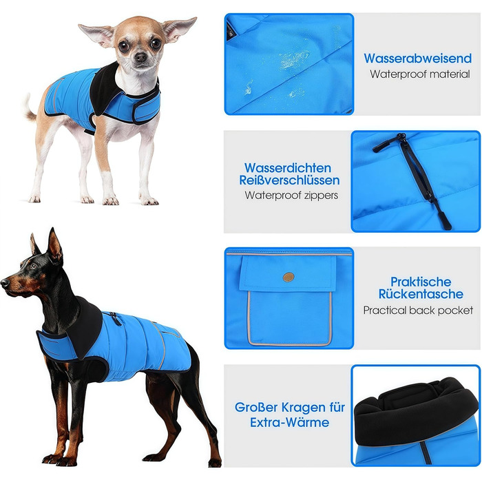 Конвініт Теплий водонепроникний зимовий одяг для собак - тепла куртка для маленьких собак з підкладкою, застібкою-липучкою та світловідбиваючими елементами, синій, S (обхват грудей 44 см)