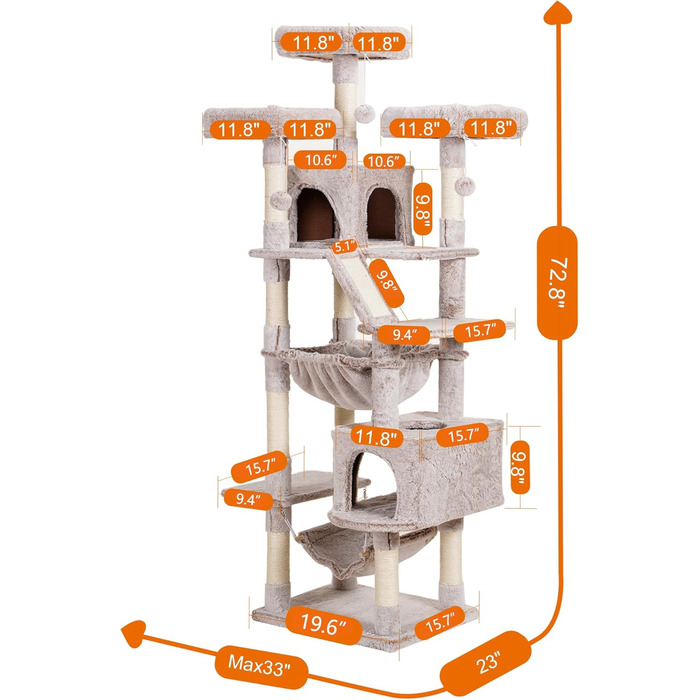 Heybly Muchroom HCT030MU великий котячий комплекс 185,4 см XXL для домашніх котів, меблі для великих котів з м'якою плюшевою перекладиною, зручним кошиком і стовпчиками для дряпання