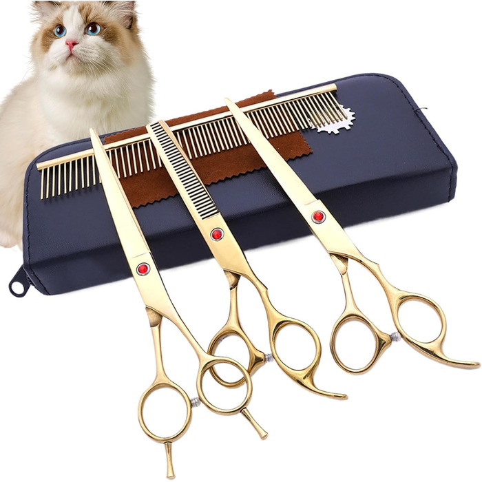 Набір професійних ножиць для грумінгу собак (7 шт.) | З нержавіючої сталі | Ножиці для догляду за тваринами [Золотий]