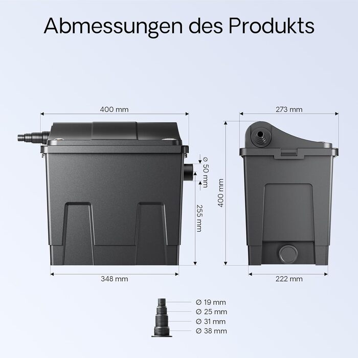 Біофільтр SunSun CBF-200U з 9W УФ-лампою для ставка з коропами, продуктивність 6000 л/год, з фільтруючим матеріалом, однокамерний проточний фільтр