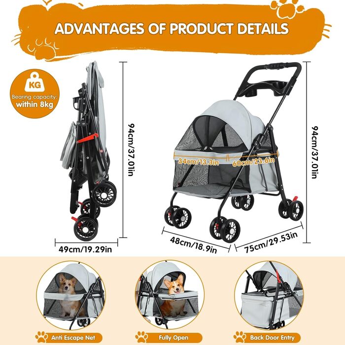 Дитяча та тваринна коляска 4-Rad, сіра. Легка коляска для собак та котів з дихаючим мережем, поворотні колеса на 360°, для прогулянок та подорожей на відкритому повітрі