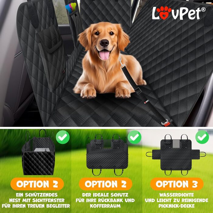Захисний килимок Lovpet® для собак у машину 2в1: для заднього сидіння та багажника з боковим захистом та оглядовим вікном. Водовідштовхуючий, універсальний, чорний. В комплекті аксесуари.
