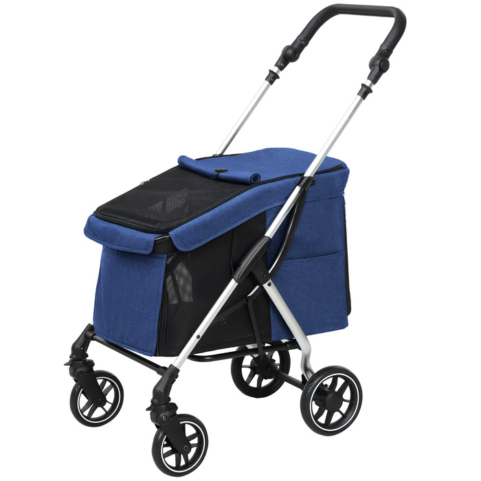 PawHut Коляска для собак Light Dog Buggy з алюмінію Складна для собак і кішок до 10 кг Cat Buggy з подушками Сітчасті вікна Двері Кошик для зберігання Котяча коляска Баггі Dark Blue | Аосом