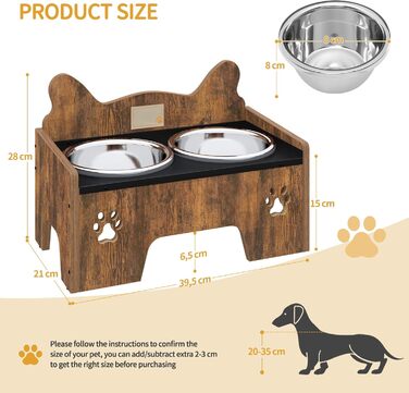 Підвищена годівниця для собак Hzuaneri з двома мисками, нержавіюча сталь, захист від бризок, антиковзаюча, безшумна, для малих та середніх собак, вінтажний коричневий, PB01601B