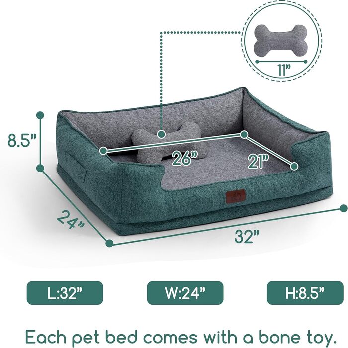 Ортопедичне собаче ліжко Hollypet для середніх собак, зелене, 81.3 x 61.3 x 32 x 24 см. Знімний, водонепроникний, миючий чохол та антиковзаюча підкладка.