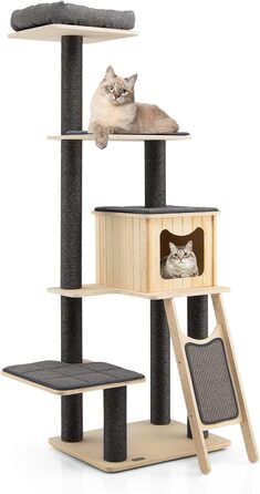 Котячий комплекс PETSITE 175 см з дерева, сучасний когтеточка для великих котів, сірий, із сизалевими стовпами, лежанкою, будиночком і полицею для кухні