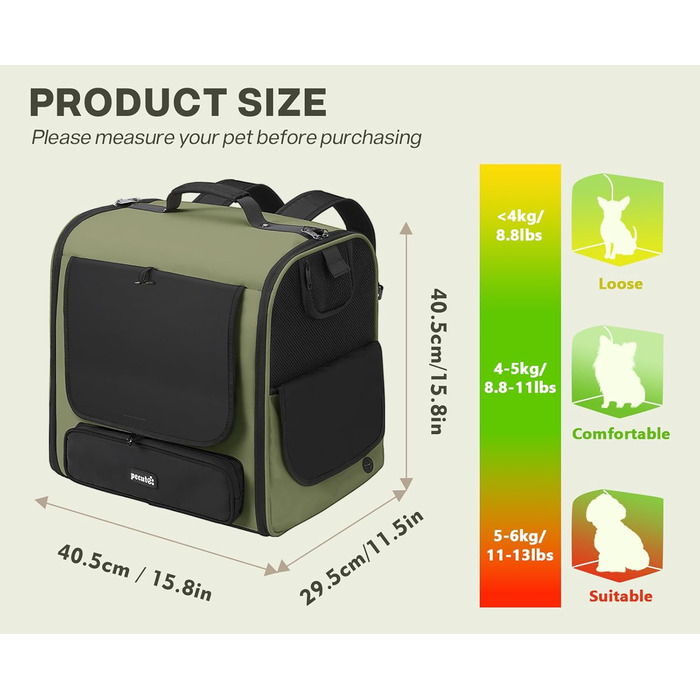 Рюкзак-переноска для котів та маленьких собак Pecute, темно-зелений. З вентиляцією, міцний, ергономічний, для подорожей, кемпінгу та походів.