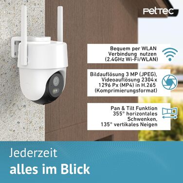 PETTEC камера для тварин Free'n 360: Wi-Fi 2.4ГГц, акумулятор, панорамне обертання, без підписки, зовнішня камера 3MP, детекція руху, нічне бачення 20м, IP65, прожектор і сирена