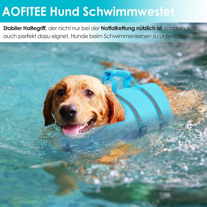 Спасальний жилет для собак AOFITEE XXL, великий розмір, з ручкою, світловідбиваючий, високоплавучий, для великих собак, блакитний