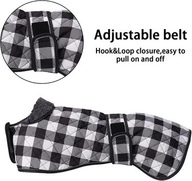 Водонепроникний теплий зимовий одяг для собак породи Віндгаунд/Вайппет/Лурчер, з флісовою підкладкою, регульований, розмір S (довжина спини 51-53 см), в клітинку, чорний
