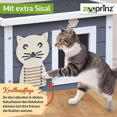 Zooprinz Преміум дерев'яний будиночок для котів з дахом, вікном, маятниковими дверцятами та сизалевим канатом, для вулиці та дому, сіро-білий