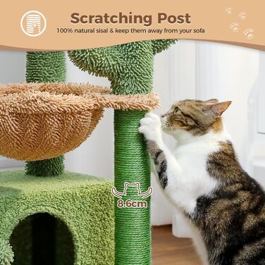 Дряпка для котів PAWZ Road «Кактус», з гамаком, зелена, 83 см – котячий комплекс із сизалем, для дому